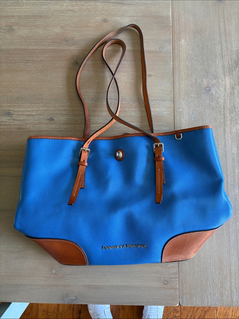 Dooney & Bourke Bright Blue Pebble Leather Tote with Brown Leather Trim